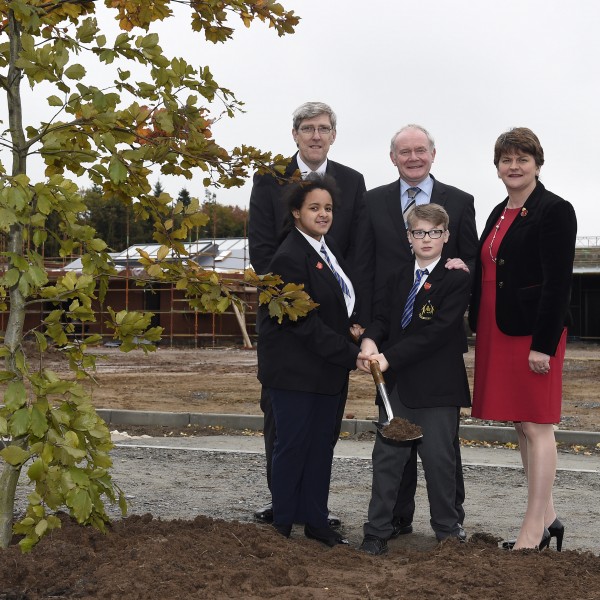 21/10/15: Ministers visit Strule Shared Education Campus Omagh as first school building takes shape

Chantel Saleji and Luke Marshall, pupils from Arvalee School plant a ceremonial tree with Education Minister John OÕDowd, Finance Minister, Arlene Foster and deputy First Minister, Martin McGuinness during a visit to the flagship Strule Shared Education Campus in Omagh due to open in September 2016.

Arvalee School and Resource Centre will be the first school on site, with facilities for over 175 pupils and staff. The new special school will have sensory rooms and hygiene and hoisting facilities, as well as bespoke teaching areas. Picture: Michael Cooper