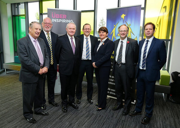 First Minister Arlene Foster, deputy First Minister Martin McGuinness and Education Minister Peter Weir pictured with John Hall, Chair of Board of Governors, Gavin Boyd, CEO of the Education Authority, Jonathan Gray, School Principal and John Smith, Deputy Secretary, Department of Education, at the opening of the Arvalee School & Resource Centre in Strule Shared Education Campus, Omagh.